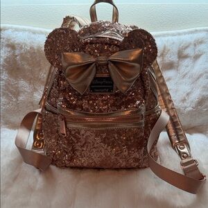 Loungefly Rose Gold Sequin Mini Backpack with Bow and Ears